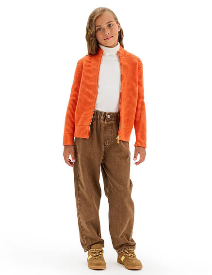 Кардиган из 100% шерсти мериноса на молнии для девочек, цвет оранжевый коралл, фото 3