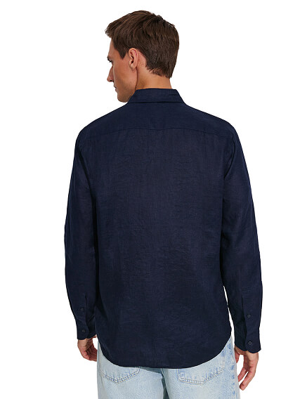Рубашка мужская классическая 100% лен, цвет темно-синий, фото 2