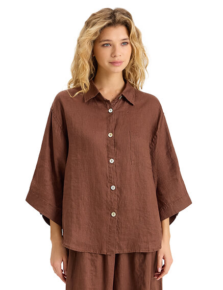 Рубашка женская c широкими рукавами серии LINEN, цвет кофе, фото 1