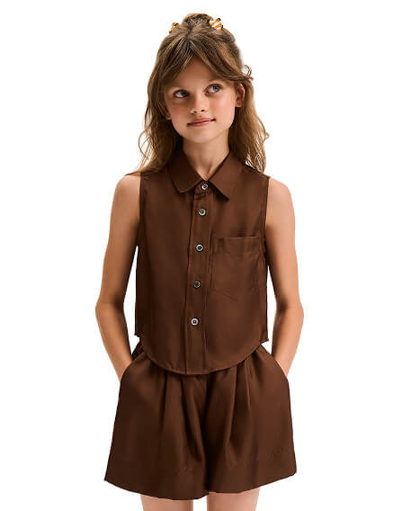 Блуза SILK для девочки без рукавов, цвет шоколад, фото 1