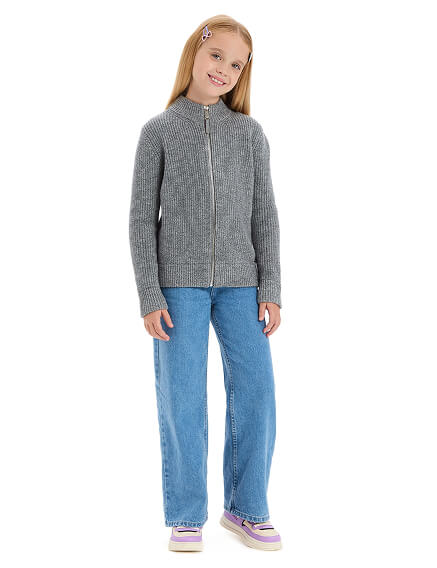 Кардиган из 100% шерсти мериноса на молнии для девочек, цвет пепельный меланж, фото 3