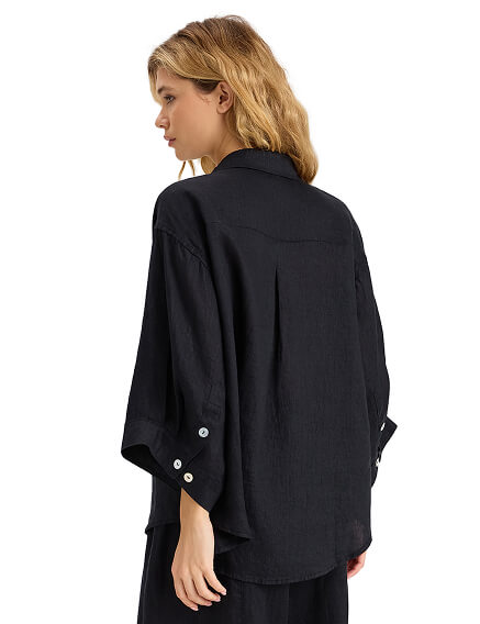 Рубашка женская c широкими рукавами серии LINEN, цвет черный, фото 2