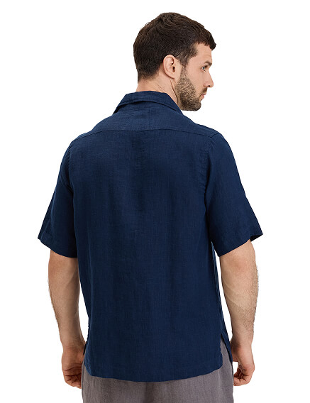 Рубашка мужская с коротким рукавом изо льна, цвет темно-синий, фото 2