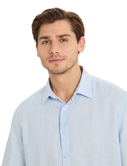 Рубашка мужская серии LINEN с коротким рукавом, цвет бледно-голубой, фото 3