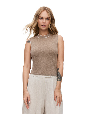 Топ трикотажный с кантом, цвет бежевый меланж, фото 1