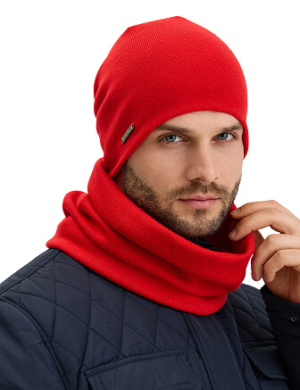 Комплект шапка и снуд из 100% шерсти мериносов для мужчин, цвет алый, фото 2