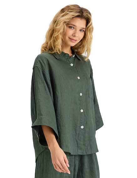 Рубашка женская c широкими рукавами серии LINEN, цвет темно-зеленый, фото 1