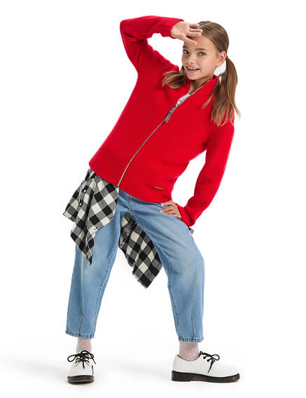 Кардиган из 100% шерсти мериноса на молнии для девочек-подростков, цвет красный, фото 3