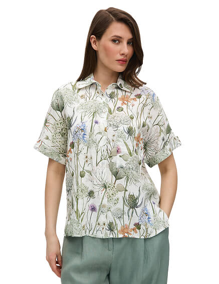 LINEN Рубашка женская прямая с коротким рукавом, цвет белый, паттерн wild flowers, фото 1
