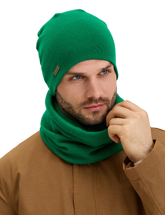 Комплект шапка и снуд из 100% шерсти мериносов для мужчин, цвет зеленый, фото 2