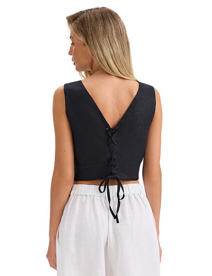 LINEN Топ женский на завязках, цвет черный, фото 2