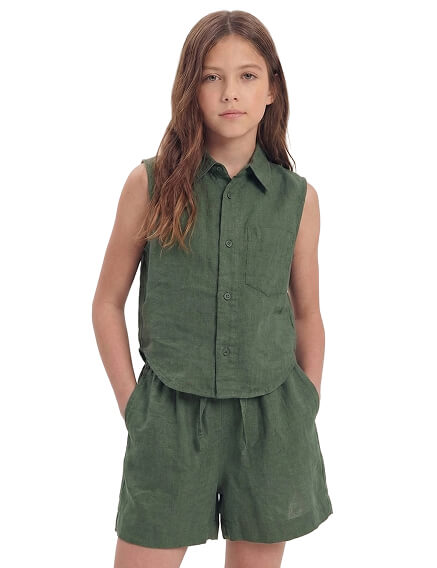 Блуза для девочки без рукавов LINEN, цвет темно-зеленый, фото 1