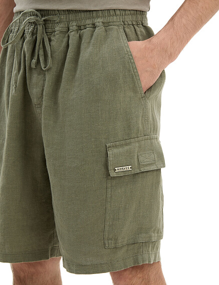 Шорты с карманами из 100% льна для мужчин, цвет хаки, фото 3