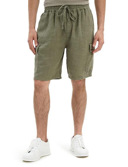 Шорты с карманами из 100% льна для мужчин, цвет хаки, фото 2
