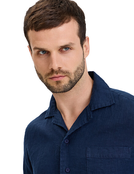 Рубашка мужская с коротким рукавом изо льна, цвет темно-синий, фото 3