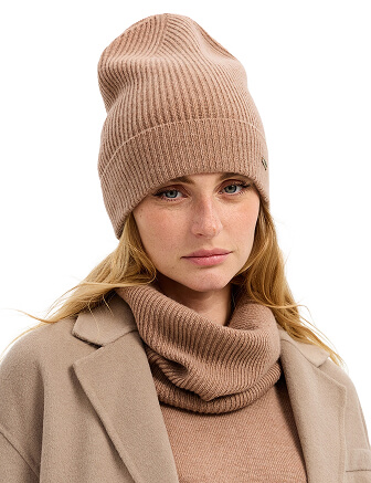 Шапка из шерсти с отворотом, цвет бежевый меланж, фото 3