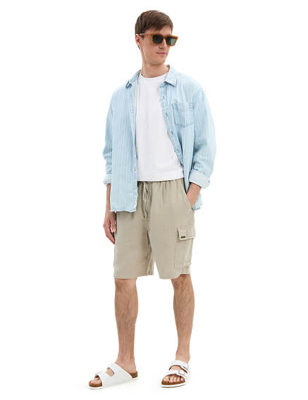 Шорты с карманами из 100% льна для мужчин, цвет бежевый, фото 1