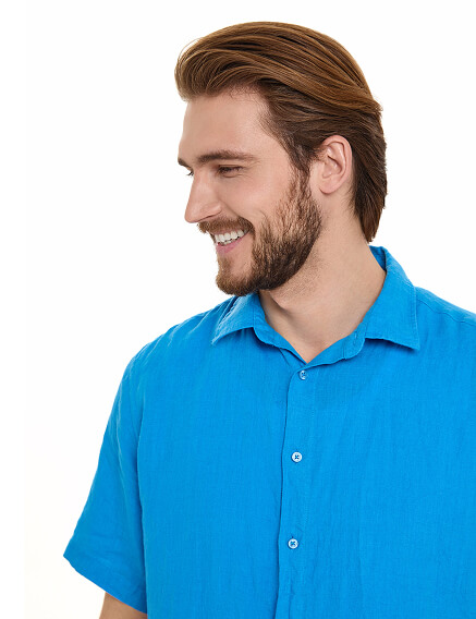 Рубашка мужская серии LINEN с коротким рукавом, цвет лазурный, фото 3