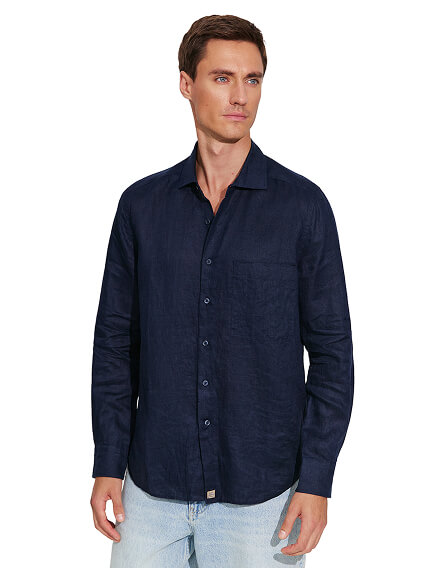 Рубашка мужская классическая 100% лен, цвет темно-синий, фото 1