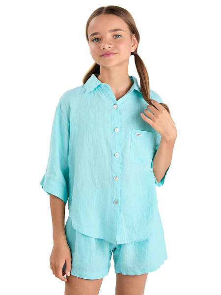 Рубашка для девочек-подростков серии LINEN, цвет тиффани, фото 1