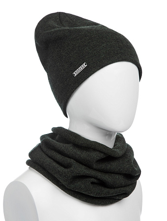 Комплект шапка и снуд из 100% шерсти мериносов, цвет темно-болотный, фото 1