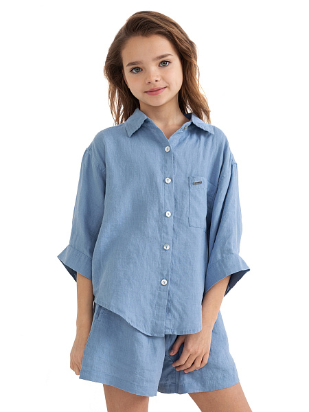 Рубашка для девочек-подростков серии LINEN, цвет голубой пепельный, фото 1