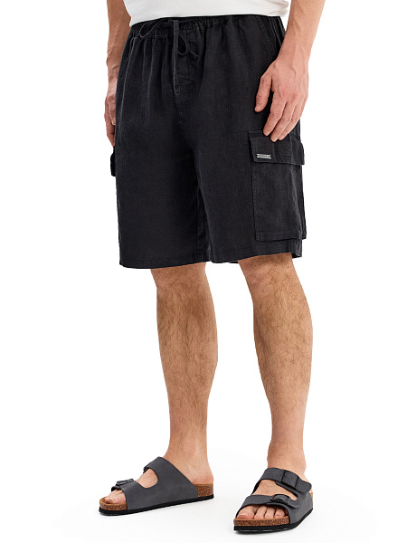 Шорты с карманами из 100% льна для мужчин, цвет черный, фото 4