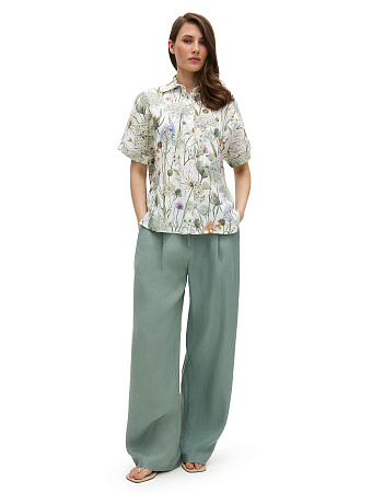 LINEN Рубашка женская прямая с коротким рукавом, цвет белый, паттерн wild flowers, фото 1