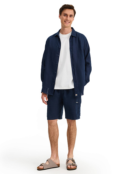 Шорты с карманами из 100% льна для мужчин, цвет темно-синий, фото 5
