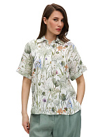 LINEN Рубашка женская прямая с коротким рукавом Белый, паттерн Wild Flowers