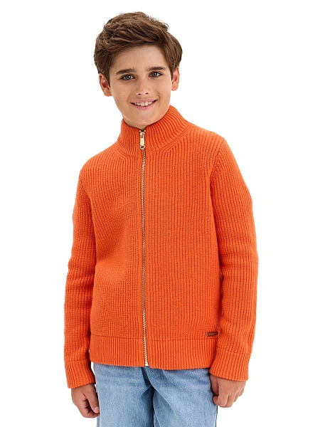 Кардиган шерстяной на молнии для мальчика, цвет оранжевый коралл, фото 1