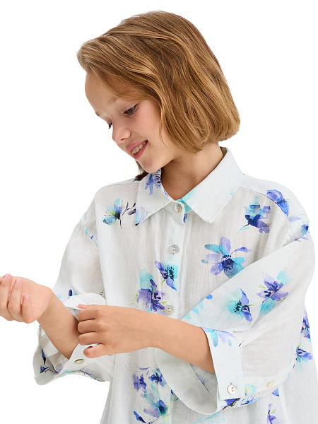 LINEN Рубашка для девочки, цвет белый, паттерн flowers, фото 4