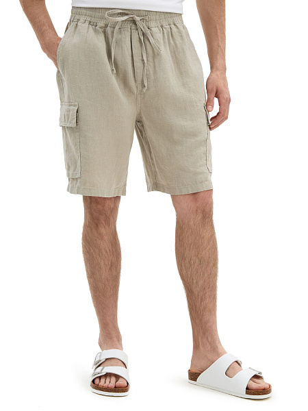 Шорты с карманами из 100% льна для мужчин, цвет бежевый, фото 3