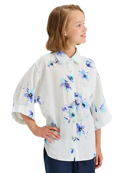LINEN Рубашка для девочки, цвет белый, паттерн flowers, фото 2