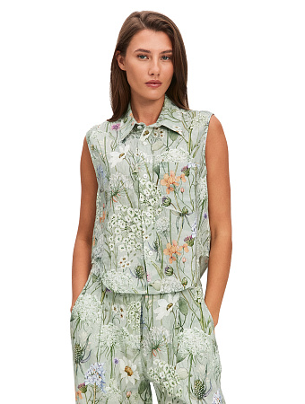 LINEN Блуза женская без рукавов, цвет шалфей, паттерн wild flowers, фото 1