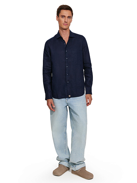 Рубашка мужская классическая 100% лен, цвет темно-синий, фото 5