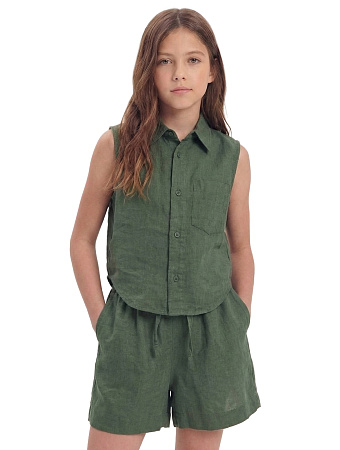 Блуза для девочки без рукавов LINEN, цвет темно-зеленый, фото 1